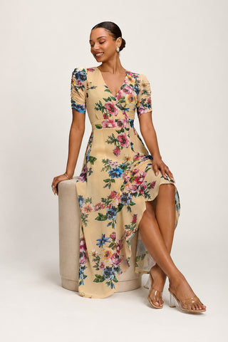 Ruched Sleeve Mesh Maxi Dress, Yellow Floral