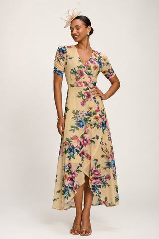 Ruched Sleeve Mesh Maxi Dress, Yellow Floral