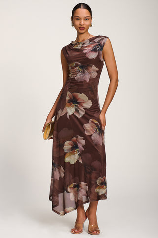 Asymmetric Draped Mesh Maxi Dress, Brown Floral