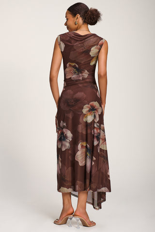 Asymmetric Draped Mesh Maxi Dress, Brown Floral