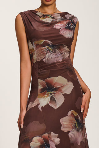 Asymmetric Draped Mesh Maxi Dress, Brown Floral