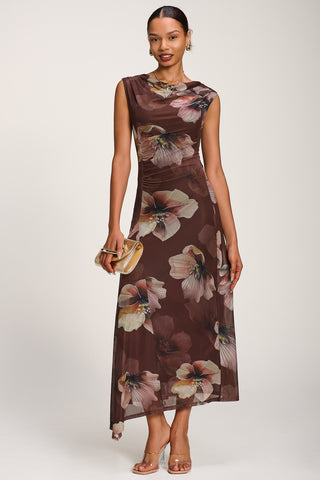 Asymmetric Draped Mesh Maxi Dress, Brown Floral