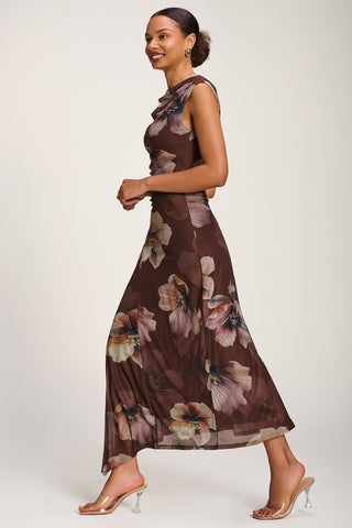 Asymmetric Draped Mesh Maxi Dress, Brown Floral