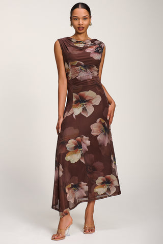 Asymmetric Draped Mesh Maxi Dress, Brown Floral