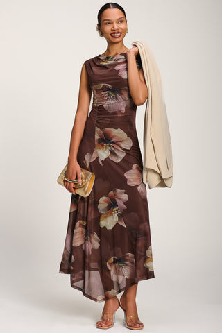 Asymmetric Draped Mesh Maxi Dress, Brown Floral