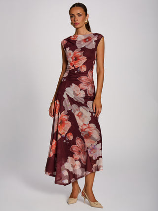 Asymmetric Draped Mesh Maxi Dress, Burgundy Floral
