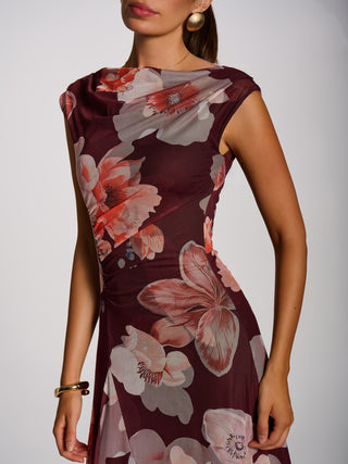 Asymmetric Draped Mesh Maxi Dress, Burgundy Floral