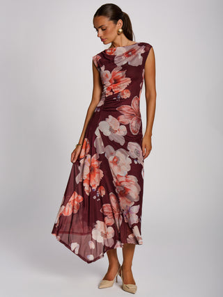 Asymmetric Draped Mesh Maxi Dress, Burgundy Floral