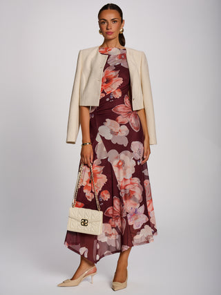 Asymmetric Draped Mesh Maxi Dress, Burgundy Floral