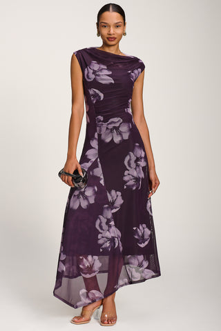 Asymmetric Draped Mesh Maxi Dress, Purple Floral