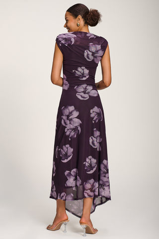 Asymmetric Draped Mesh Maxi Dress, Purple Floral