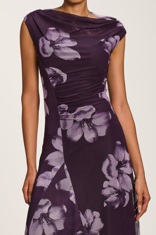 Asymmetric Draped Mesh Maxi Dress, Purple Floral