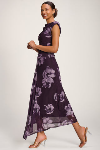Asymmetric Draped Mesh Maxi Dress, Purple Floral