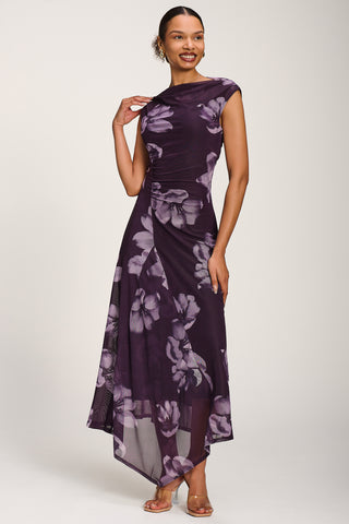 Asymmetric Draped Mesh Maxi Dress, Purple Floral