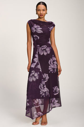 Asymmetric Draped Mesh Maxi Dress, Purple Floral