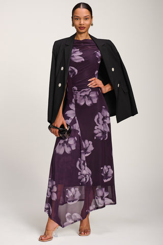 Asymmetric Draped Mesh Maxi Dress, Purple Floral