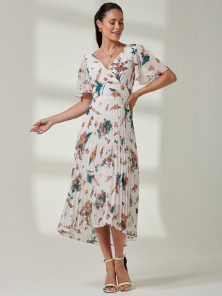 Pleated Dip Hem Chiffon Maxi Dress, Beige Floral – Jolie Moi Retail