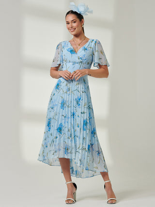 Pleated Dip Hem Chiffon Maxi Dress, Blue Floral