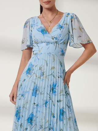 Pleated Dip Hem Chiffon Maxi Dress, Blue Floral