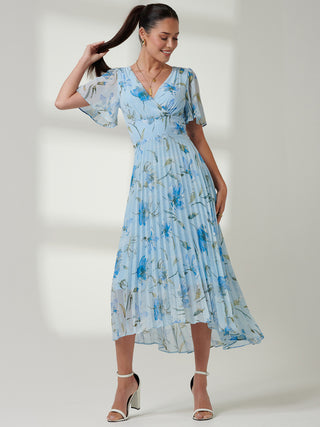 Pleated Dip Hem Chiffon Maxi Dress, Blue Floral