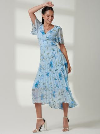 Pleated Dip Hem Chiffon Maxi Dress, Blue Floral