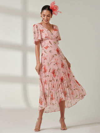 Pleated Dip Hem Chiffon Maxi Dress, Coral Pink