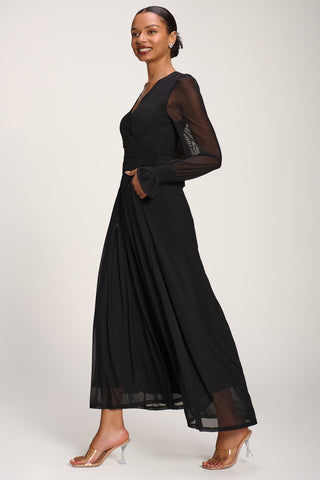 Long Sleeve Mesh Maxi Dress, Black