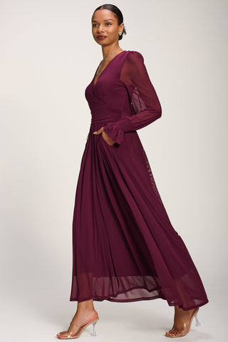 Long Sleeve Mesh Maxi Dress, Dark Purple