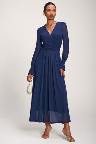 Long Sleeve Mesh Maxi Dress, Navy