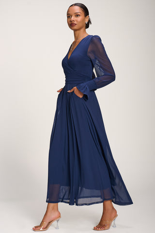 Long Sleeve Mesh Maxi Dress, Navy