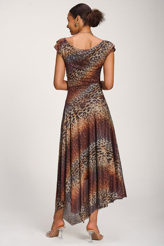 Asymmetrical Draped Mesh Maxi Dress, Brown Animal