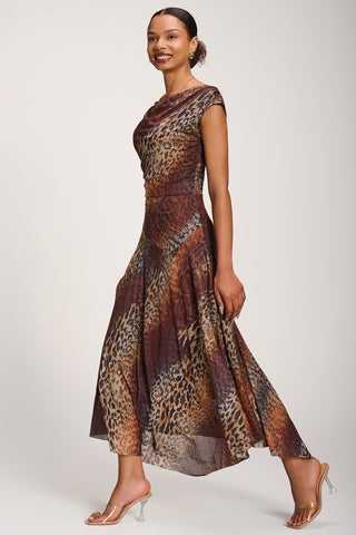 Asymmetrical Draped Mesh Maxi Dress, Brown Animal