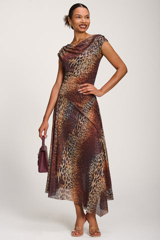 Asymmetrical Draped Mesh Maxi Dress, Brown Animal