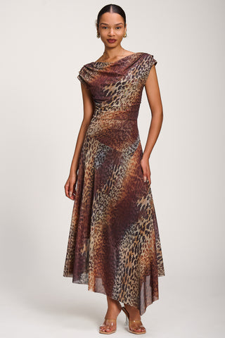 Asymmetrical Draped Mesh Maxi Dress, Brown Animal