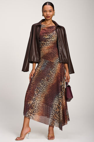 Asymmetrical Draped Mesh Maxi Dress, Brown Animal