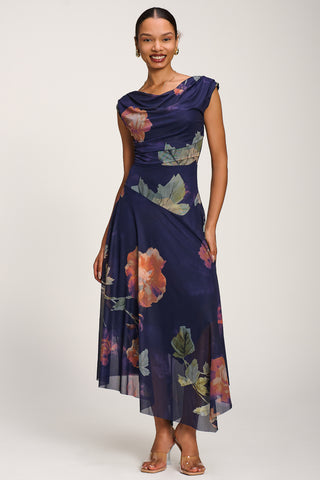 Asymmetrical Draped Mesh Maxi Dress, Navy Floral