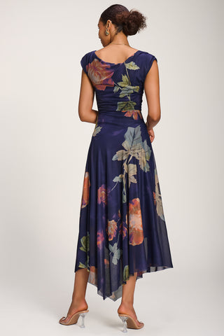 Asymmetrical Draped Mesh Maxi Dress, Navy Floral