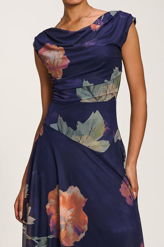 Asymmetrical Draped Mesh Maxi Dress, Navy Floral