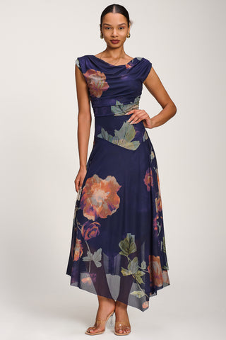 Asymmetrical Draped Mesh Maxi Dress, Navy Floral