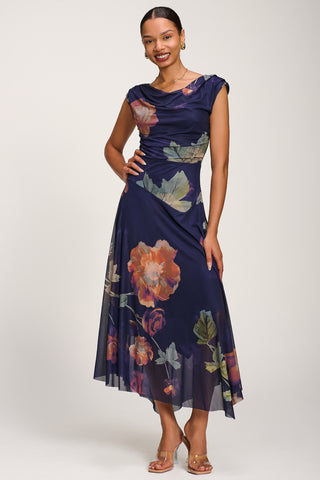 Asymmetrical Draped Mesh Maxi Dress, Navy Floral