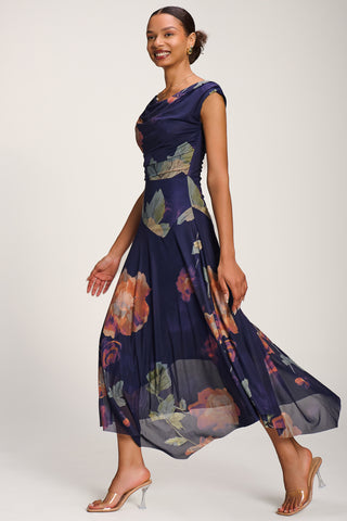 Asymmetrical Draped Mesh Maxi Dress, Navy Floral