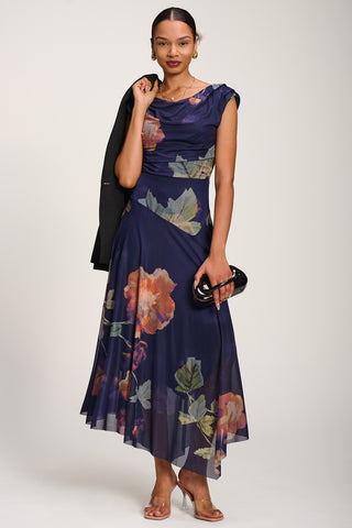 Asymmetrical Draped Mesh Maxi Dress, Navy Floral