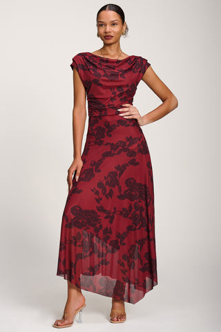 Asymmetrical Draped Mesh Maxi Dress, Red Floral