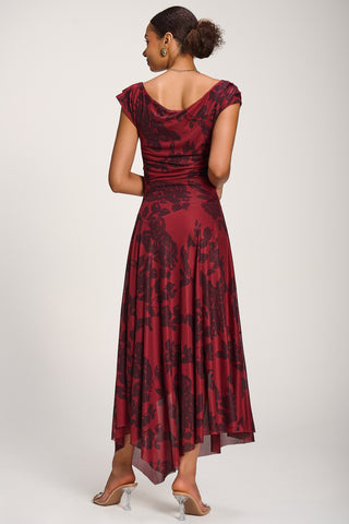 Asymmetrical Draped Mesh Maxi Dress, Red Floral