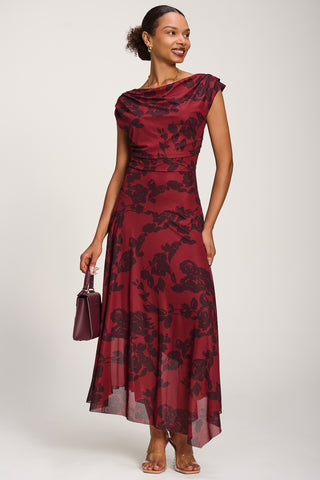 Asymmetrical Draped Mesh Maxi Dress, Red Floral