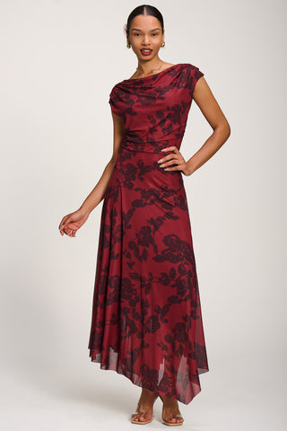 Asymmetrical Draped Mesh Maxi Dress, Red Floral