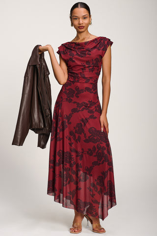 Asymmetrical Draped Mesh Maxi Dress, Red Floral