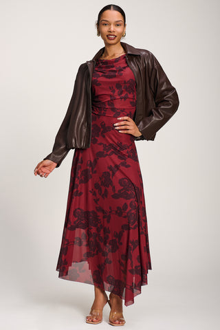 Asymmetrical Draped Mesh Maxi Dress, Red Floral