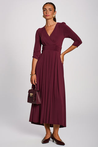 3/4 Sleeve Plain Jersey Maxi Dress, Burgundy