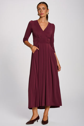 3/4 Sleeve Plain Jersey Maxi Dress, Burgundy